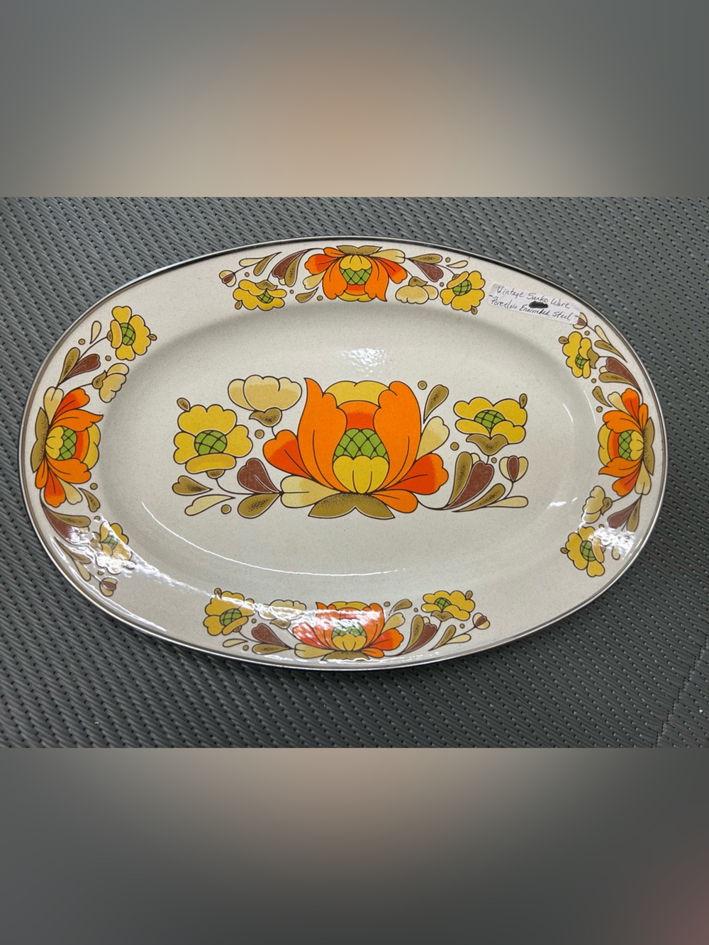 Sanko Ware Country Flowers Vintage Porcelain Enameled Serving Platter 18x12